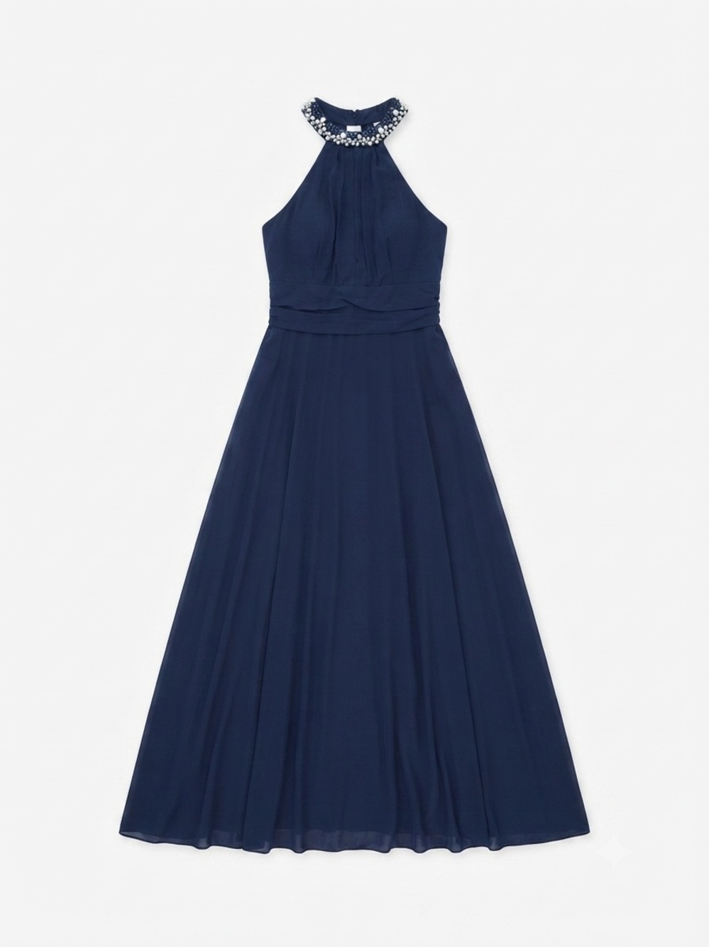 a'gaci Navy Jeweled Halter One-Shoulder Gown